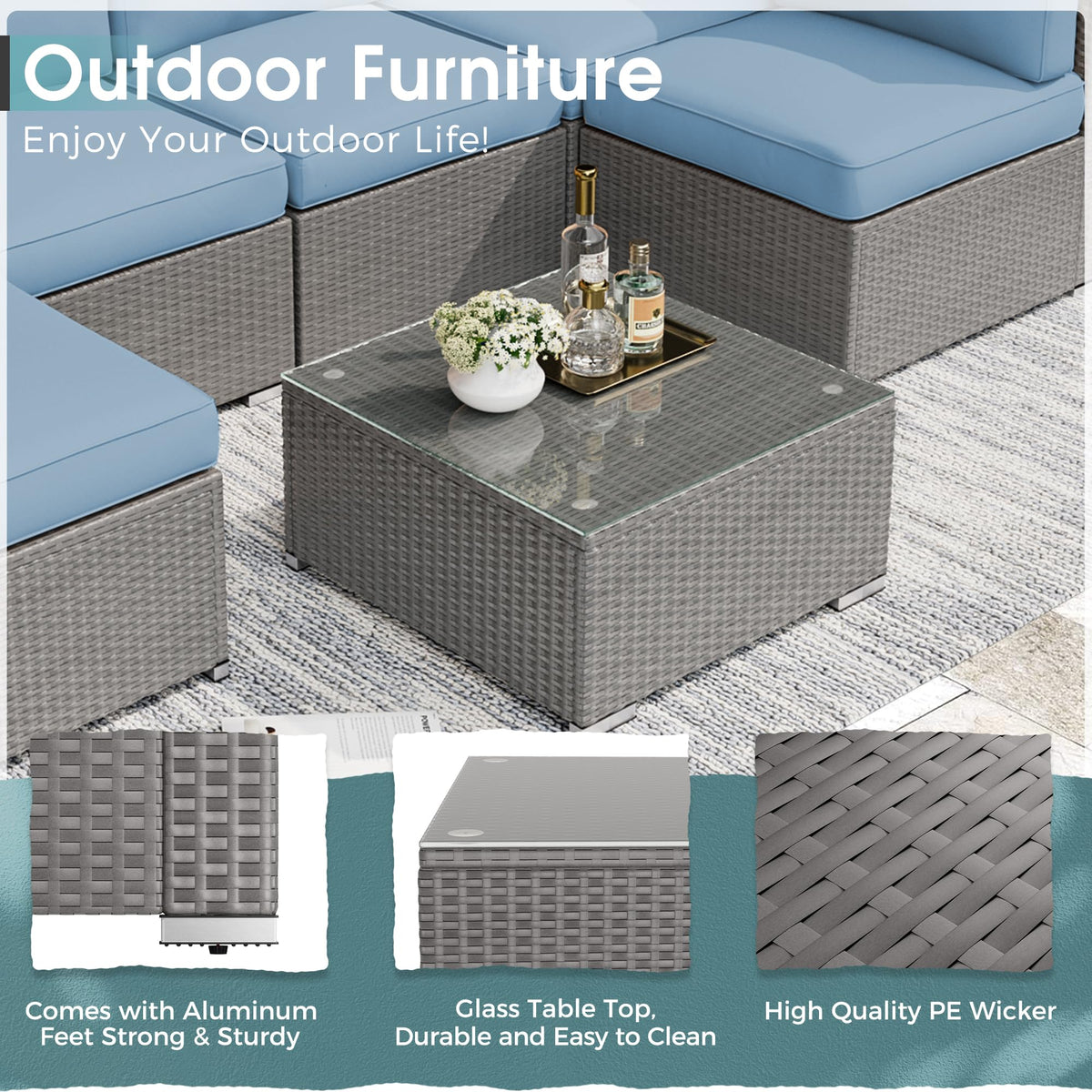 7 Piece Grey Wicker Rattan Patio Furniture Set with Glass Coffee Table B551