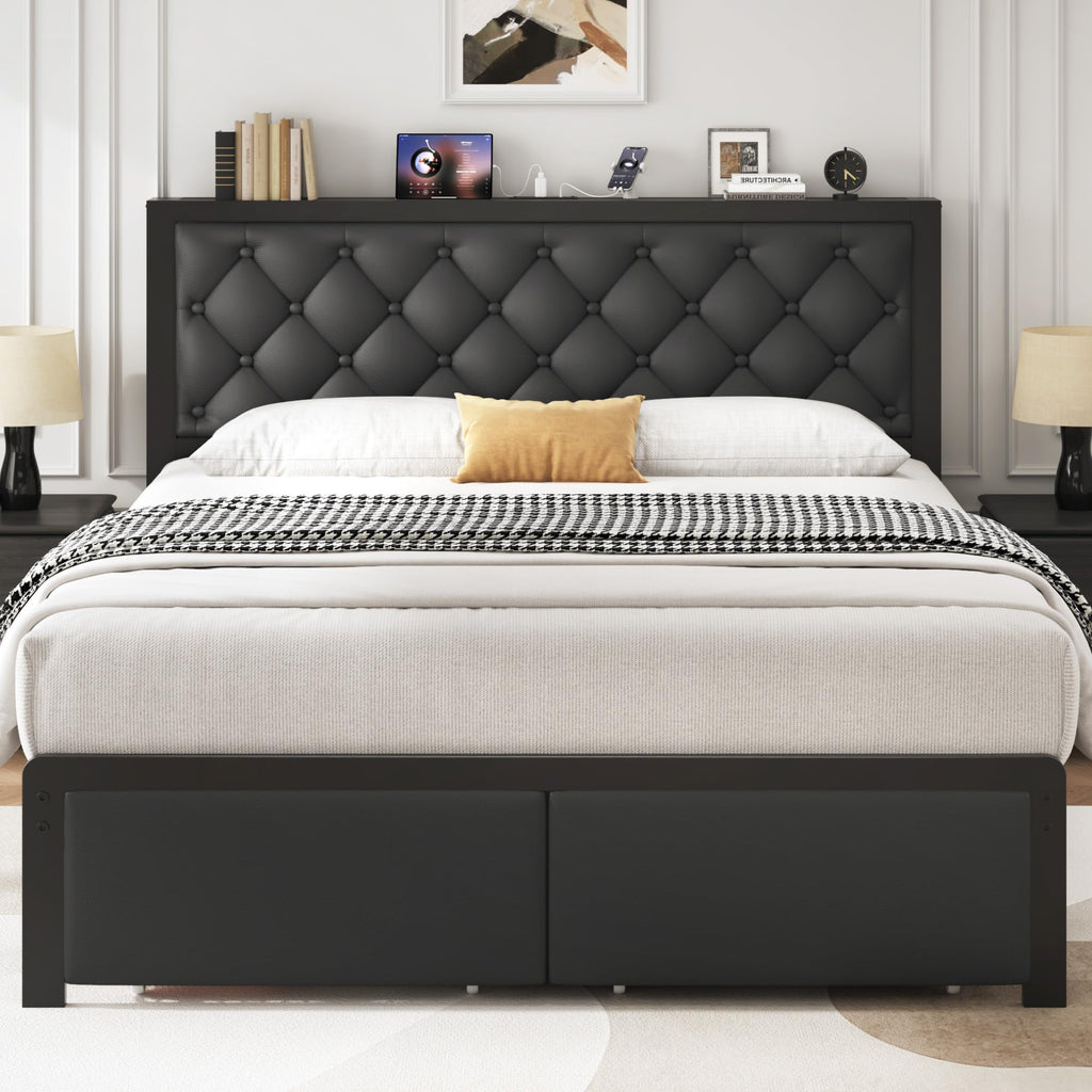 Queen Bed Frame with Upholstered Headboard and 2 Storage Drawers H706