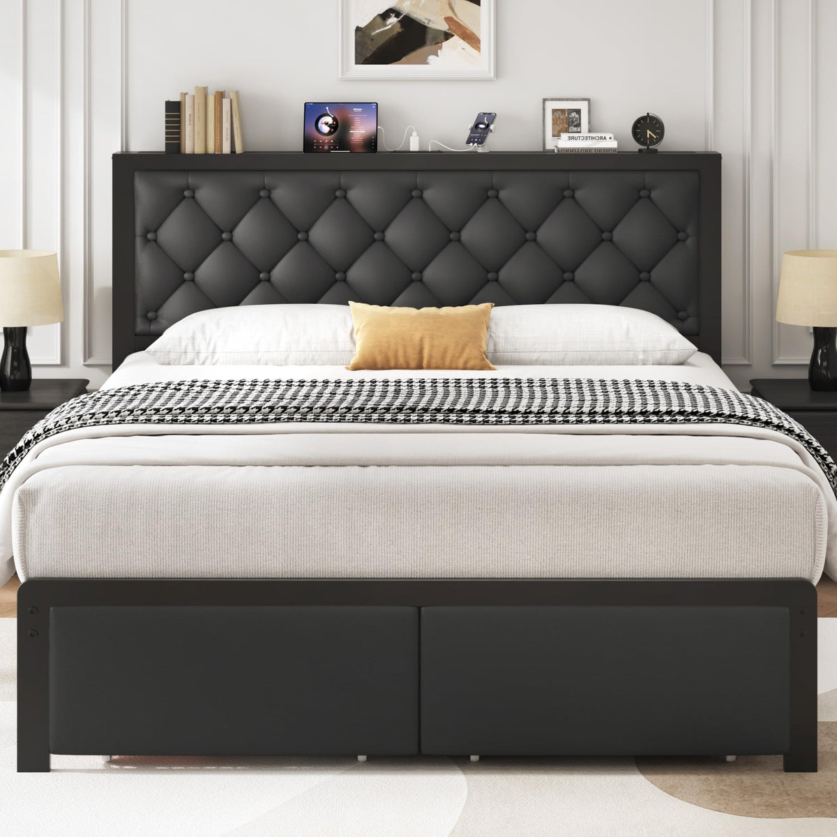 Queen Bed Frame with Upholstered Headboard and 2 Storage Drawers H706