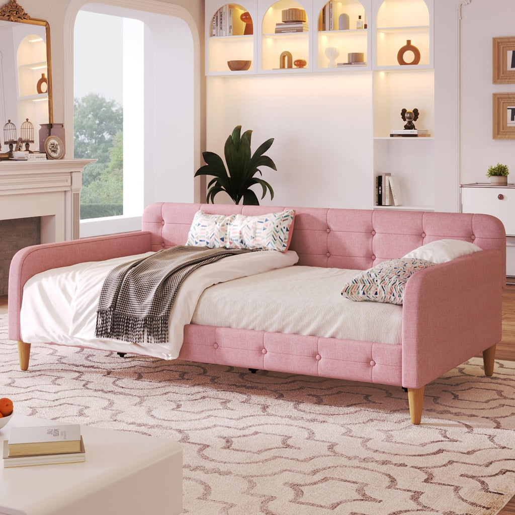 Twin Linen Upholstered Daybed Sofa Bed with Button Tufted Design Z3922