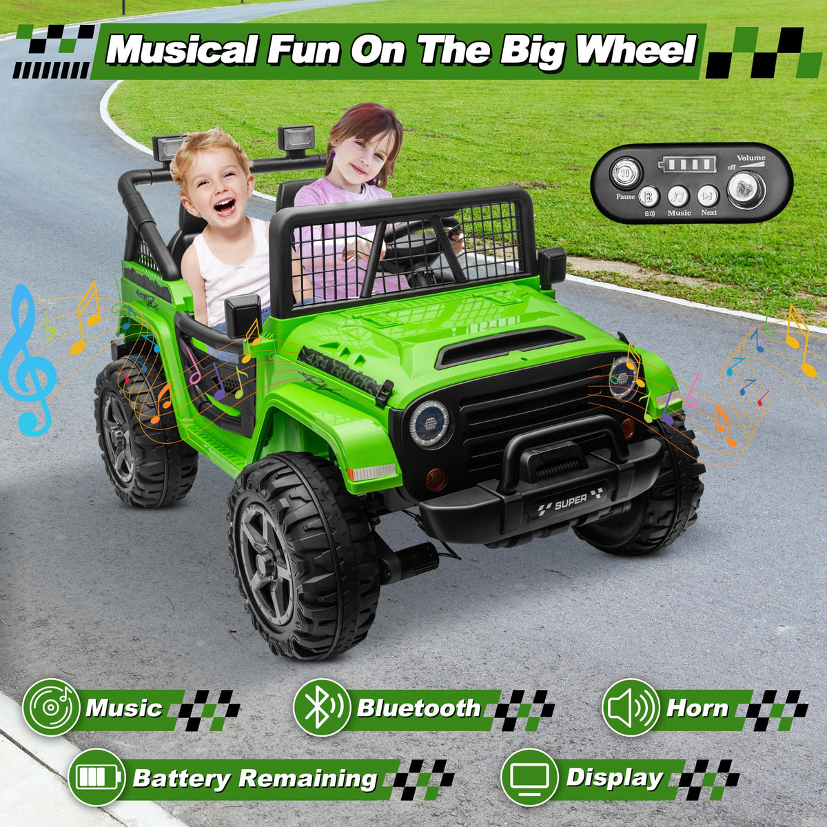 24V Ride on Car with Remote Control, 2 Seater 4WD/2WD Truck, Green C415