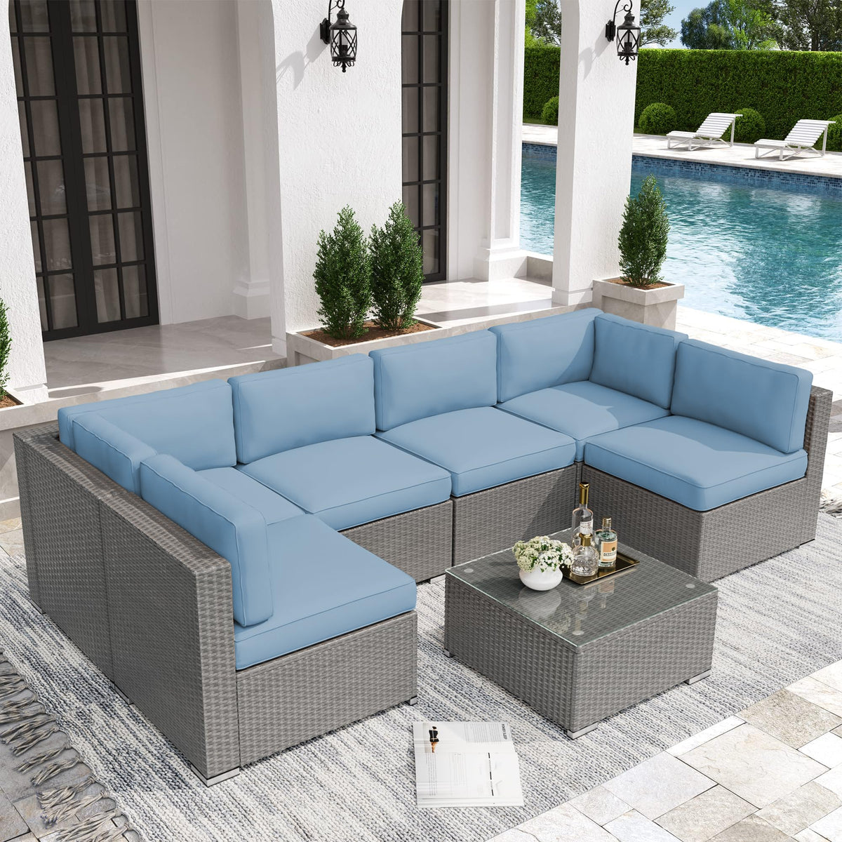 7 Piece Grey Wicker Rattan Patio Furniture Set with Glass Coffee Table B551