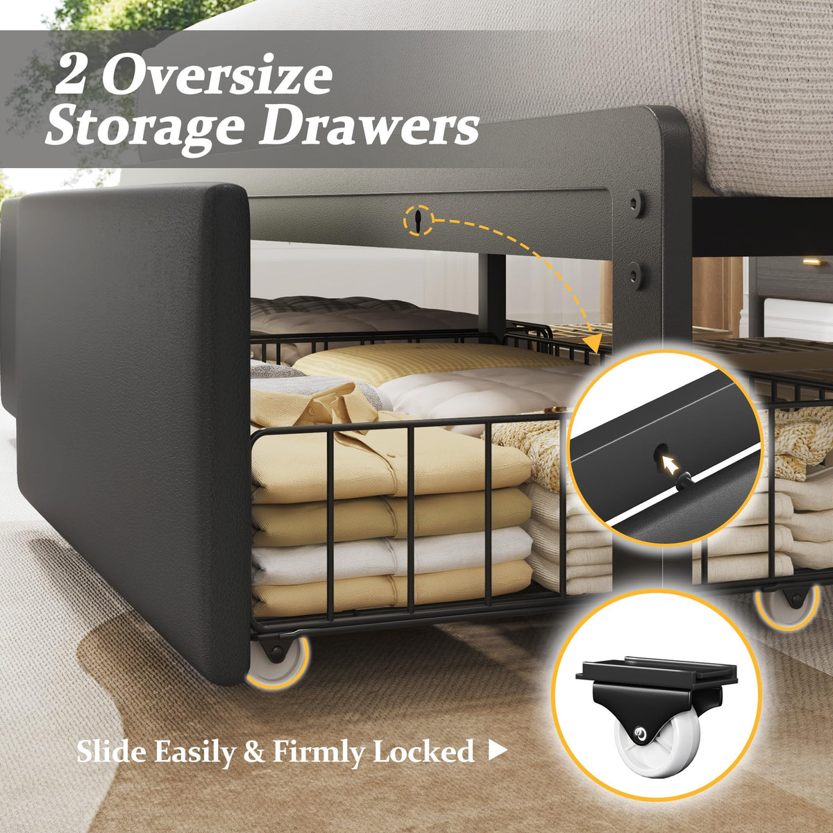 Queen Bed Frame with Upholstered Headboard and 2 Storage Drawers H706