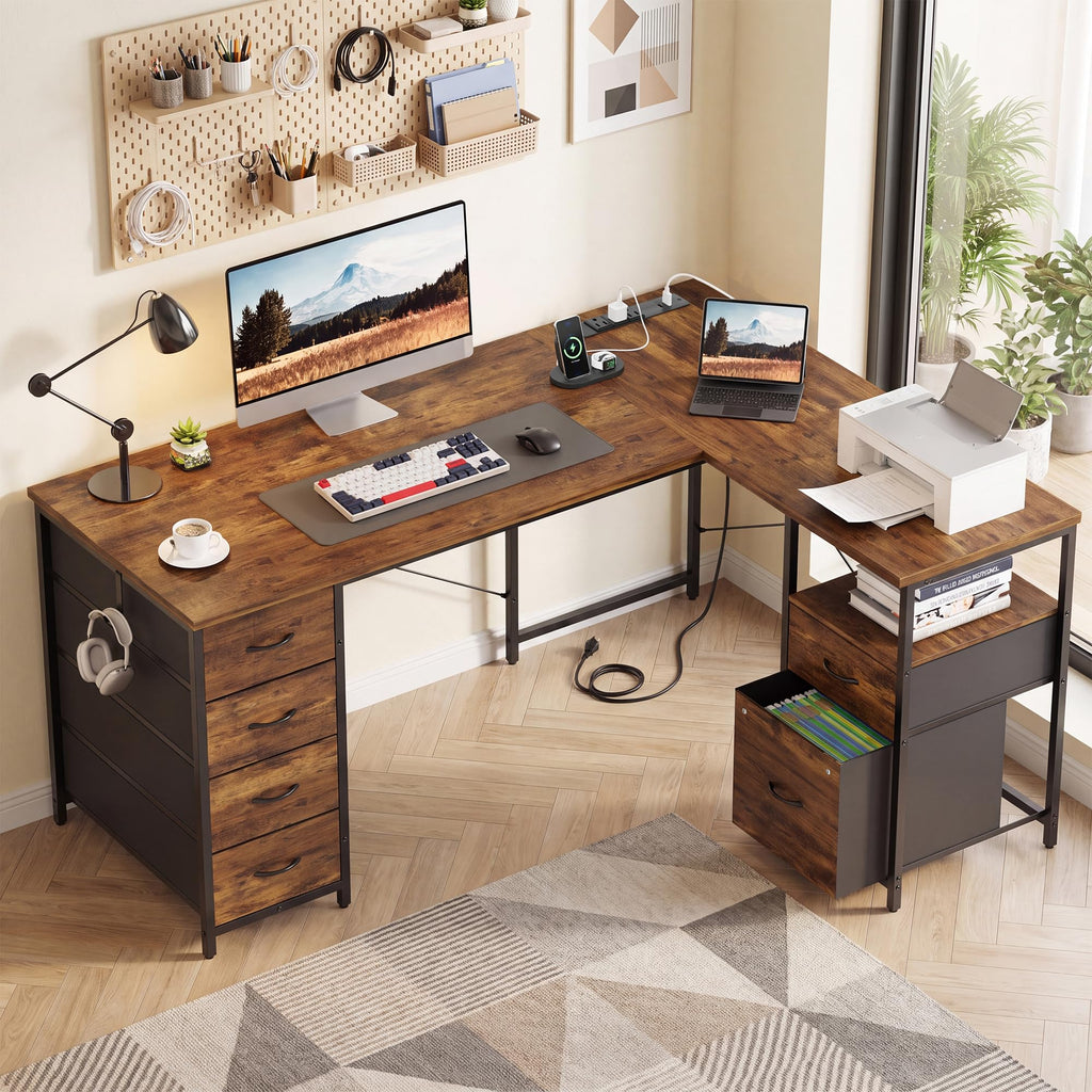 55 Inch L Shaped Office Desk with 6 Drawers J298