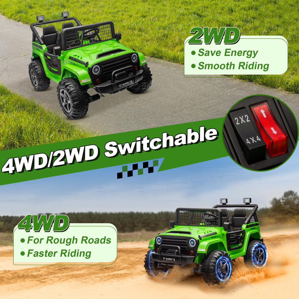 24V Ride on Car with Remote Control, 2 Seater 4WD/2WD Truck, Green C415