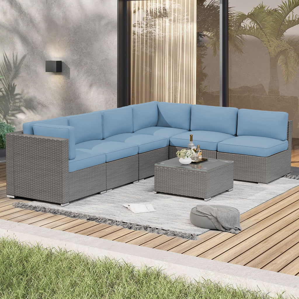7 Piece Grey Wicker Rattan Patio Furniture Set with Glass Coffee Table B551