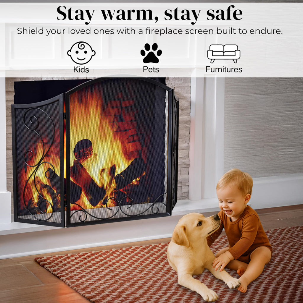 Black Metal Fireplace Screen 3 Panel Q8589