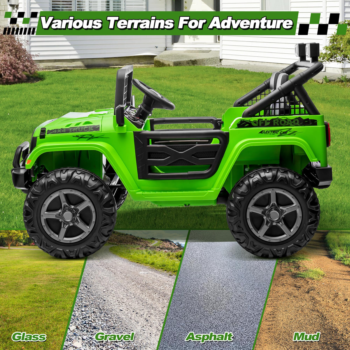 24V Ride on Car with Remote Control, 2 Seater 4WD/2WD Truck, Green C415