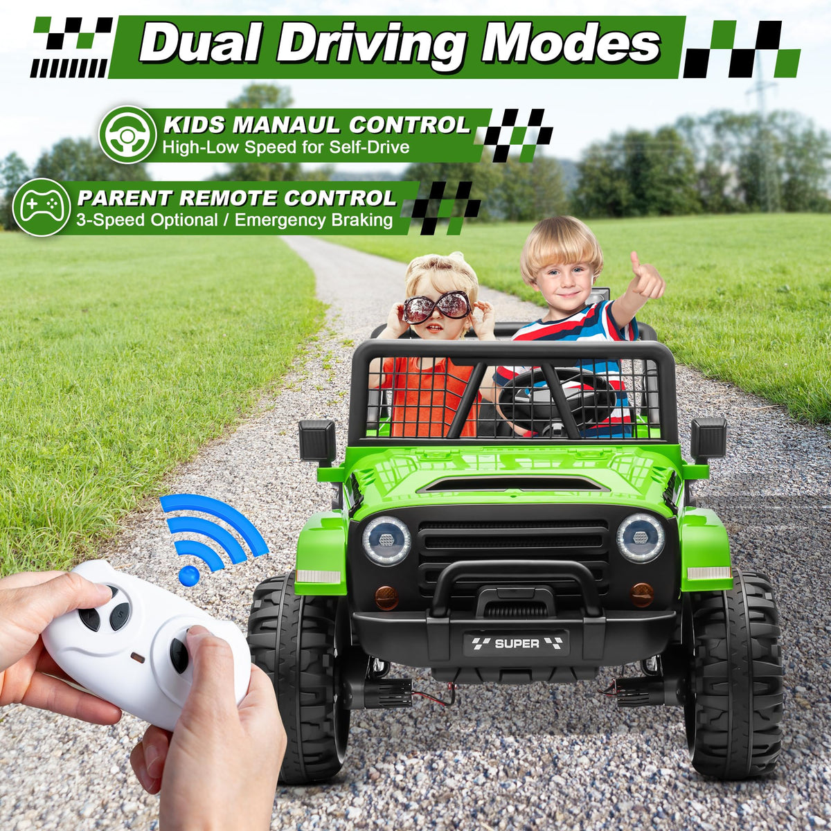 24V Ride on Car with Remote Control, 2 Seater 4WD/2WD Truck, Green C415