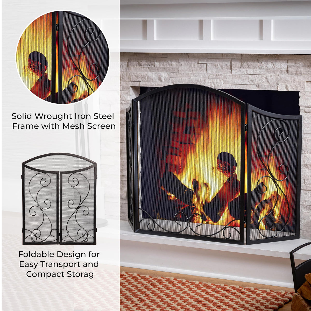 Black Metal Fireplace Screen 3 Panel Q8589
