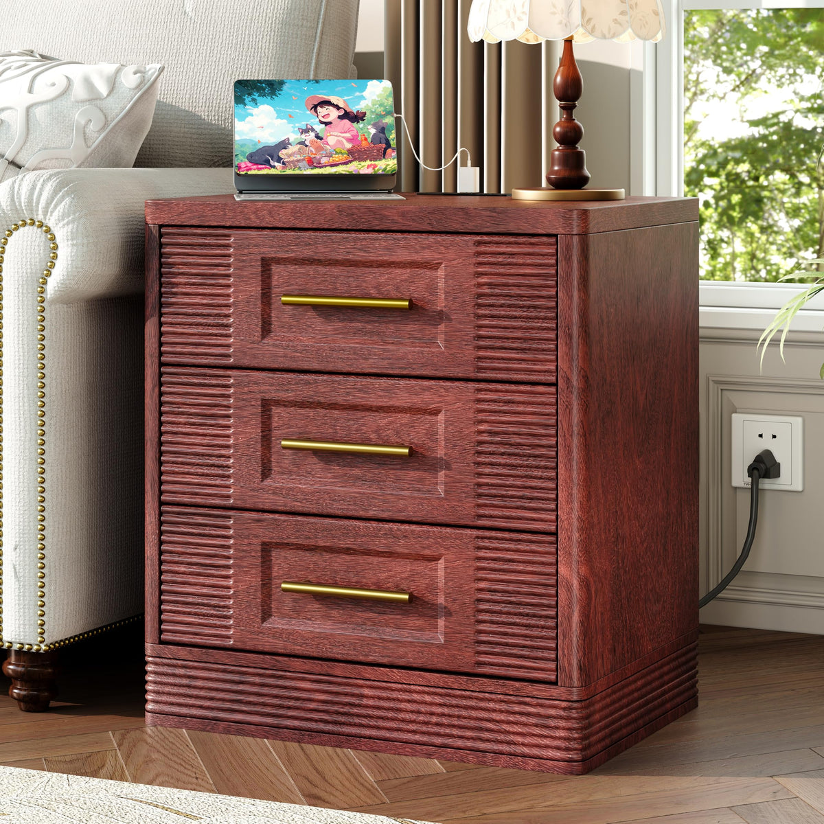 Walnut Nightstand with Charger Station D974